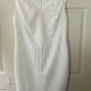 Calvin Klein Elegant White Sleeveless Dress with Silver and Gold Accents